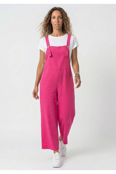 Little Visqon Kadın Fuşya Geniş Paça Keten Görünümlü Bahçıvan Askılı Rahat Ke...