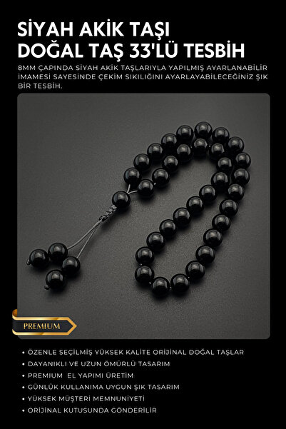 Seven Art Jewelry حجر طبيعي أصلي، 8 مم، عقيق أسود، سبحة من 33 حبة، هدية للرجا...