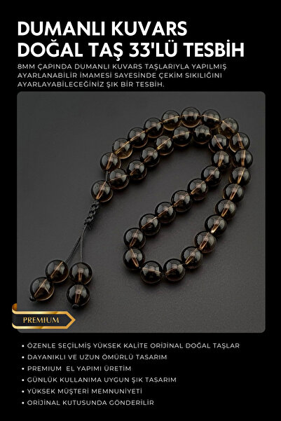 Seven Art Jewelry Orijinal Doğal Taş Tesbih, 8mm Dumanlı Kuvars Taşı 33'lü Te...