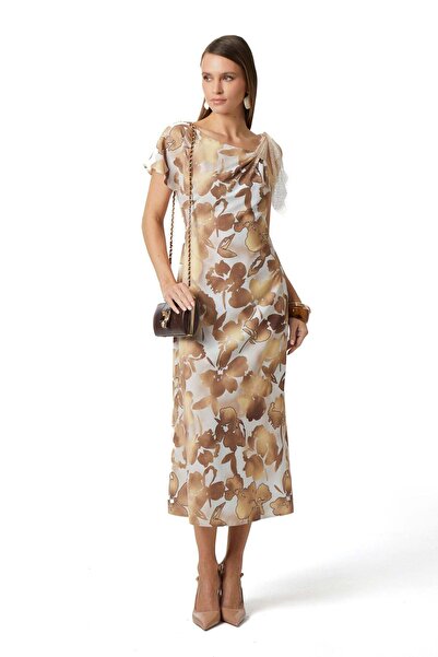 EXPLOSION Parlak Dokulu Dantel Garnili Asimetrik Kollu Midi Elbise