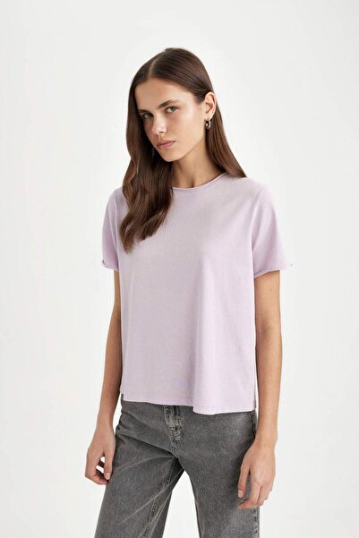 DeFacto Tricou de bază cu mânecă scurtă din bumbac pieptănat cu decolteu rotu...