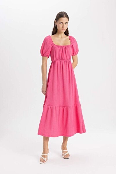 DeFacto Τετράγωνο γιακά Basic Απλό Μπουμπουκάκι Κοντό μανίκι Midi Ροζ Φόρεμα ...