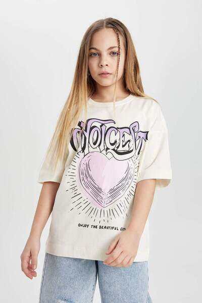 DeFacto Κοριτσίστικο μπλουζάκι με κοντό μανίκι με στάμπα με φαρδύ λαιμόκοψη C...