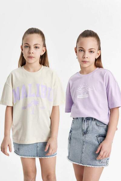 DeFacto Relax Fit guler rotund cu imprimeu Pachet de 2 tricouri cu mânecă scu...