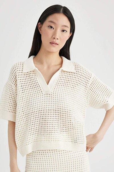 DeFacto Relax Fit Polo výstřih prolamovaný úplet s krátkým rukávem Tričko C45...