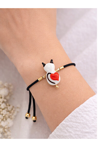 ADAMODART Heart Cat Murano Glass Beaded Bracelet - Love Themed Gift