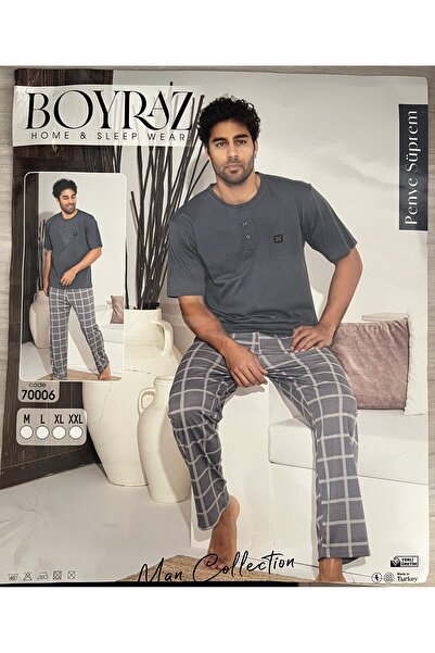 GAMZELİRENKLERİM Boyraz Short Sleeves - Long Bottom Men's Pajama Set Combed C...