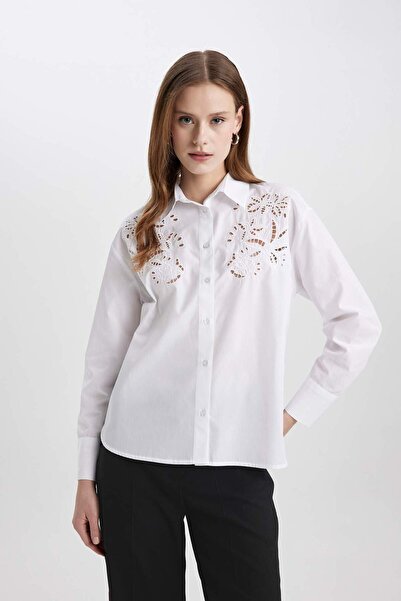 DeFacto Oversize Wide Fit Hollowed Out Poplin Long Sleeve White Shirt C0061Ax...