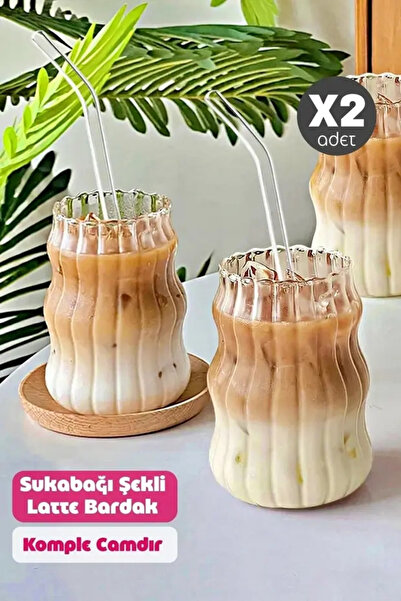 Rosemor 2li su kabağı Bardak Latte Kahve Kokteyl Sunum Bardağı 400ml Sapaklı İskandinav Cam