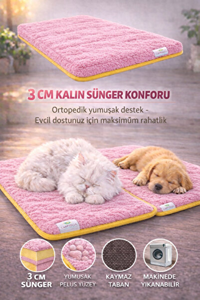 Carpetella 3 CM Süngerli Ortopedik Kedi Köpek Yatağı – Kaymaz Tabanlı Peluş P...