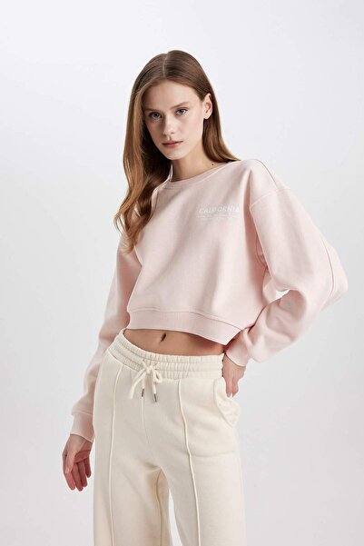 DeFacto سويت شيرت بقصة مربعة وياقة دائرية وطبعة سميكة C5386AX23CW