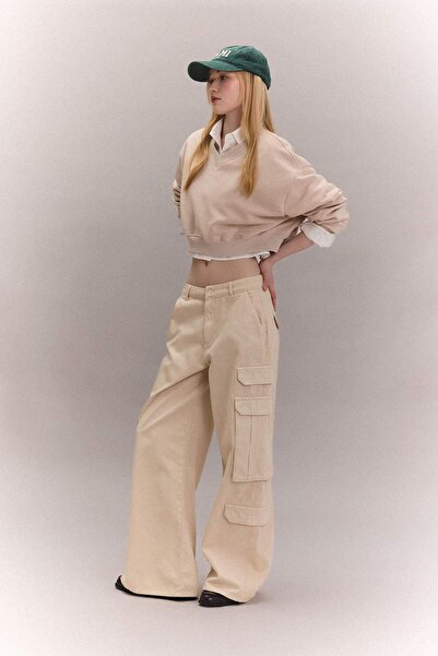 DeFacto Βασικό Παντελόνι με Φαρδιά Μπατζάκια Γκαμπαρντίνα Ύφασμα πλαϊνή τσέπη...