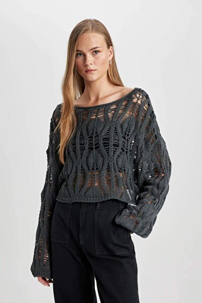 DeFacto Relax Fit Open Shoulder Crochet Knitwear Sweater C2585Ax24Sp