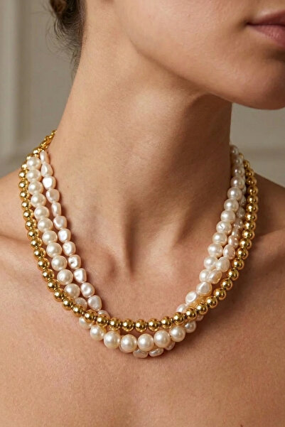 PETEK AKSESUAR ÇOKLU İNCİ METALİZE BONCUK KOLYE