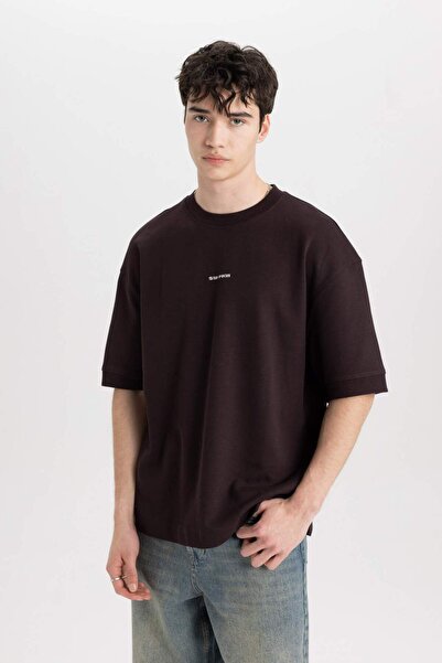 DeFacto Loose Fit Crew Neck Printed Short Sleeve Heavy Fabric T-Shirt C0896Ax...