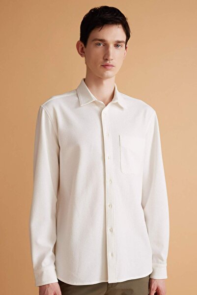 DeFacto Regular Fit Polo Collar Crinkle Basic Απλό μακρυμάνικο λευκό πουκάμισ...