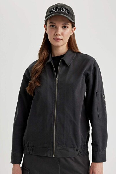 DeFacto Oversize Wide Fit Shirt Collar Zippered Gabardine Washed Jacket B9216...