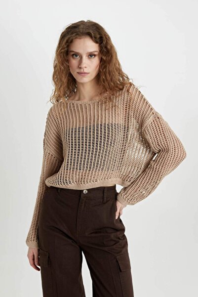 DeFacto Relax Fit Boat Neck Crochet Knitwear Sweater C4206Ax24Sp