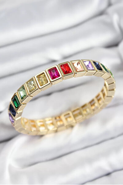 Skygo Brass Mixed Zircon Stone Rectangular Model Gold Color Elastic Women's B...