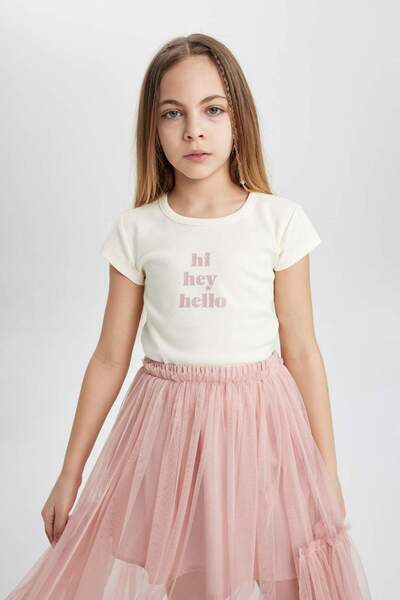 DeFacto Girls Crew Neck Print Rib T-Shirt - Slim Fit, Short Sleeve C1433A824Sm