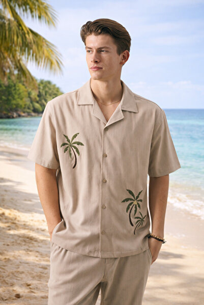 İLKCET MODA Ανδρικό πουκάμισο με σχέδιο φοίνικα, μπεζ, oversized