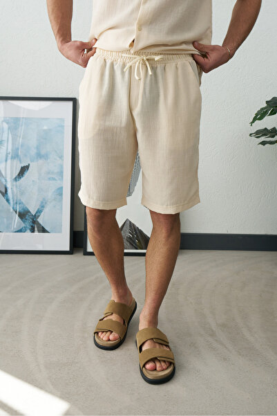 İLKCET MODA Men's Cream Lightweight Loose Fit Linen Shorts