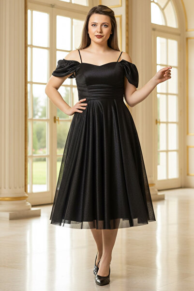 Modaviki Askılı Simli Abiye Elbise Siyah MDV376