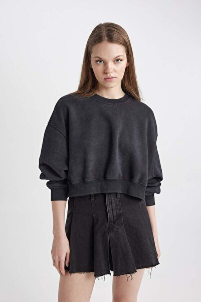 DeFacto Cool Crop Thick Fabric Washed Faded Effect Basic Plain Sweatshirt C21...