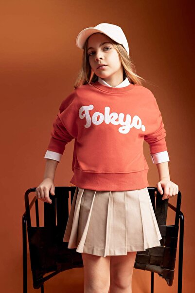 DeFacto Girl's Crop Crew Neck Printed Sweatshirt B9934A824Sp