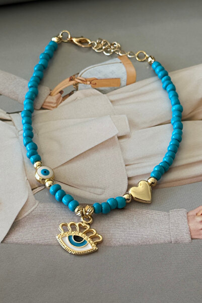 Trendy Butik Turkuaz Boncuklu Kalp, Göz Ve Nazar Aparatlı Halhal
