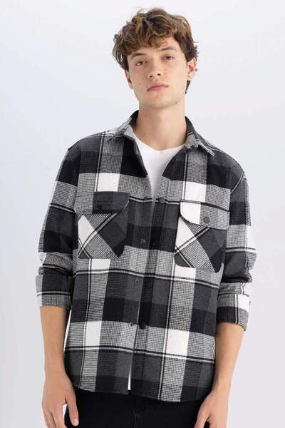 DeFacto Relax Fit Polo Collar Checkered Lumberjack Flannel Cotton Long Sleeve...