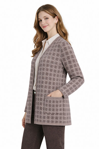 GLCN by Gülcan سترة صوفية محبوكة بنمط مربعات بدون أزرار