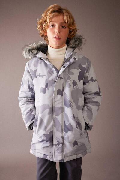 DeFacto Boy's Water-Repellent Coat Jacket K Camouflage Print K Hooded Removab...