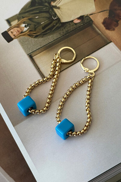 Trendy Butik Mavi Nostalji Boncuklu Zincir Model Küpe