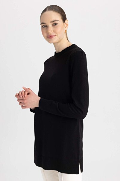 DeFacto Regular Fit Bisiklet Yaka Yırtmaçlı Basic Düz Triko Kazak Tunik H3431...