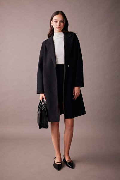 DeFacto Long Cashmere Coat Regular Fit Double Breasted Lapel Snap Closure wit...