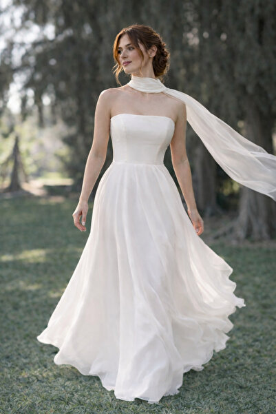 Elorya Bloom Strapless Wedding Dress with Shawl Detail, Off-White, Flared Chi...