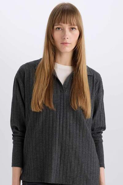 DeFacto Μακρυμάνικο μπλουζάκι Relax Fit Polo Neck κοτλέ πλέξη ριμπ B2404AX23AU