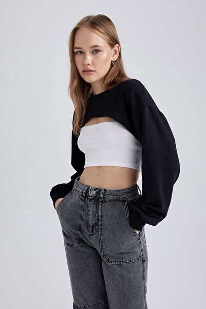 DeFacto Coool Cropped Crew Neck Thick Bolero Sweatshirt B2563Ax23Au