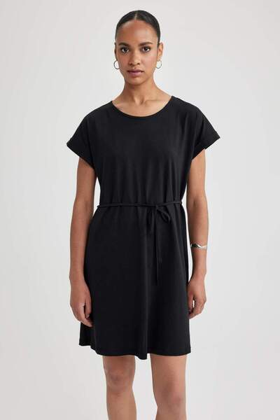 DeFacto Rochie cu mânecă scurtă din bumbac pieptănat, cu decolteu, în formă d...