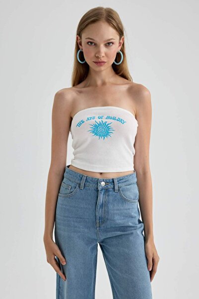 DeFacto Printed Corded Fabric Ribbed Knit Strapless Blouse B3998Ax23Hs