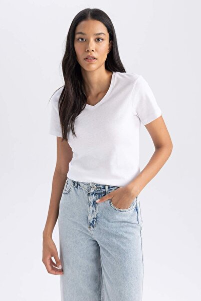 DeFacto Slim Fit Ριμπ πλέξη κοντομάνικο μπλουζάκι B0647AXNS