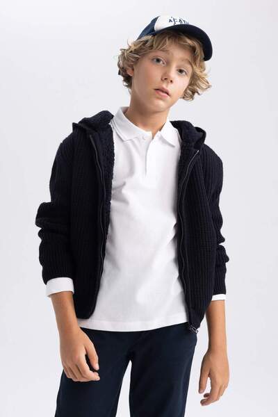 DeFacto Boy's Navy Blue Hooded Knitwear School Cardigan U4282A623Au