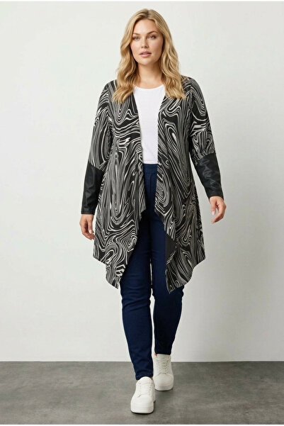 Stil Diva Cardigan cu mâneci lungi, cu detalii din piele, fără închidere în f...