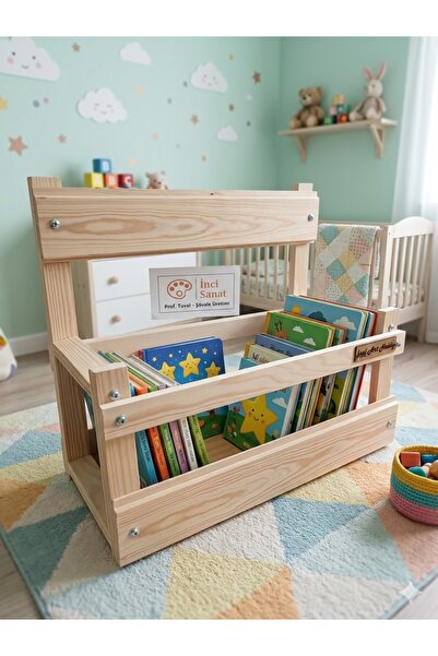 İNCİ TUVAL Bank Kitaplık Ahşap Dergilik Kitaplık Montessori Hazeran Doğal Çoc...