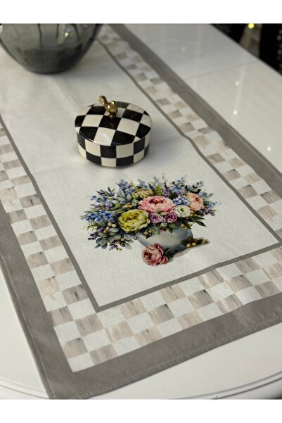 Nef’s Atelier Çiçek Desenli Gri Dama Model Runner 40*140 cm