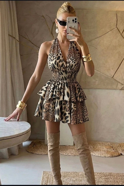 Afitapbutikmoda Boyundan Baglamalı Bel Korse Detay Leopar Fıfrfırlı Kat Kat M...