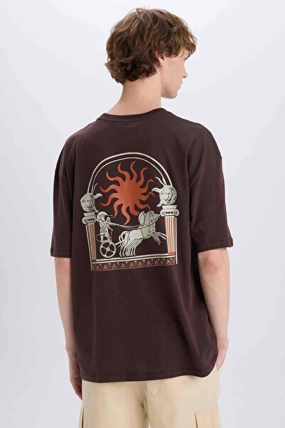 DeFacto Oversize Wide Fit Crew Neck Back Printed Short Sleeve 100% Cotton T-S...