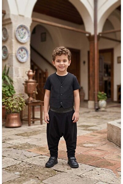 Boys Shalwar Vest Set Black -Ottoman Style Shalwar Suit, Wedding Holiday Special Day Combination