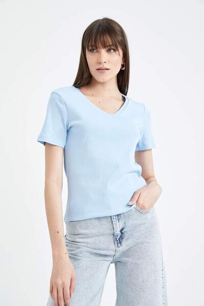 DeFacto Slim Fit Slim Fit V λαιμόκοψη Rib Basic μονόχρωμο 100% βαμβακερό κοντ...